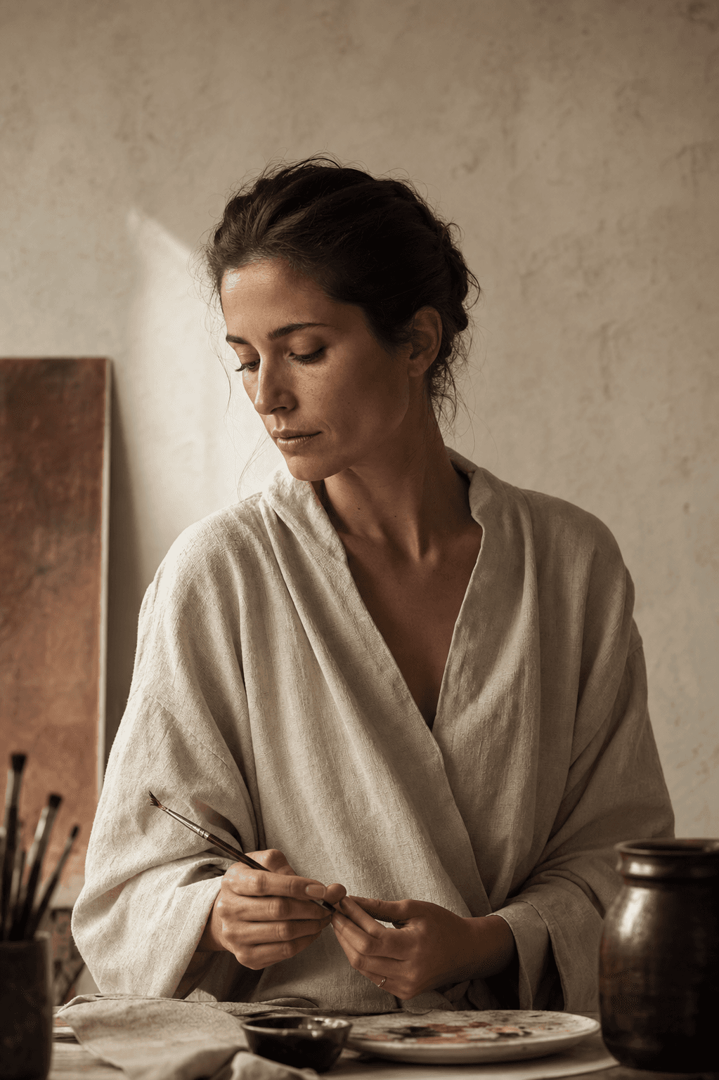 Editorial portrait of Breanna Patterson — brunette, cream linen, holding a brush.