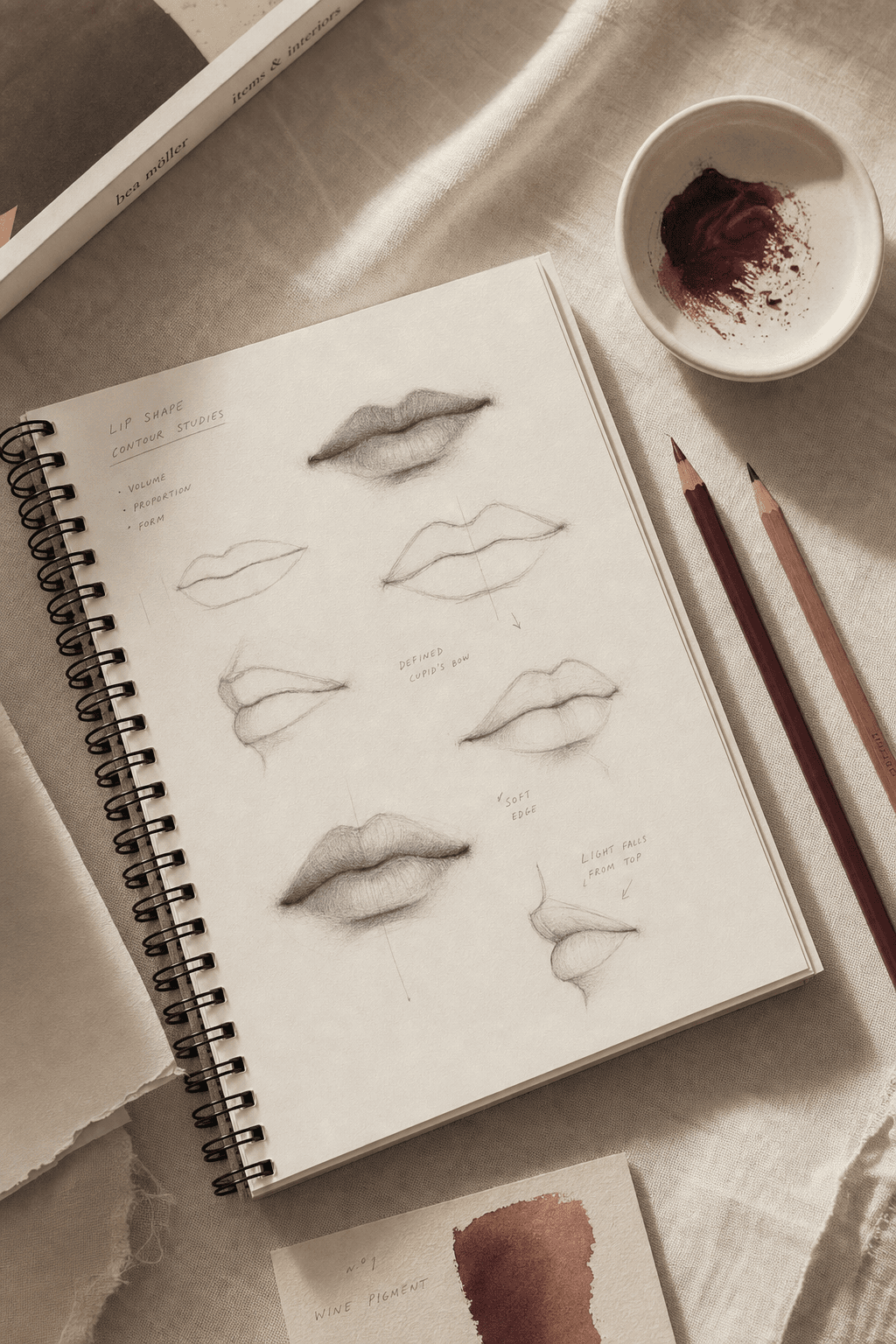 Sketchbook with lip contour studies and small dish of pigment — referencing the craft Breanna teaches.